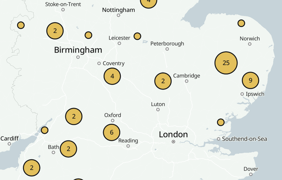 A map of eastern England, marked with clusters showing how many farms were investigated in each area.